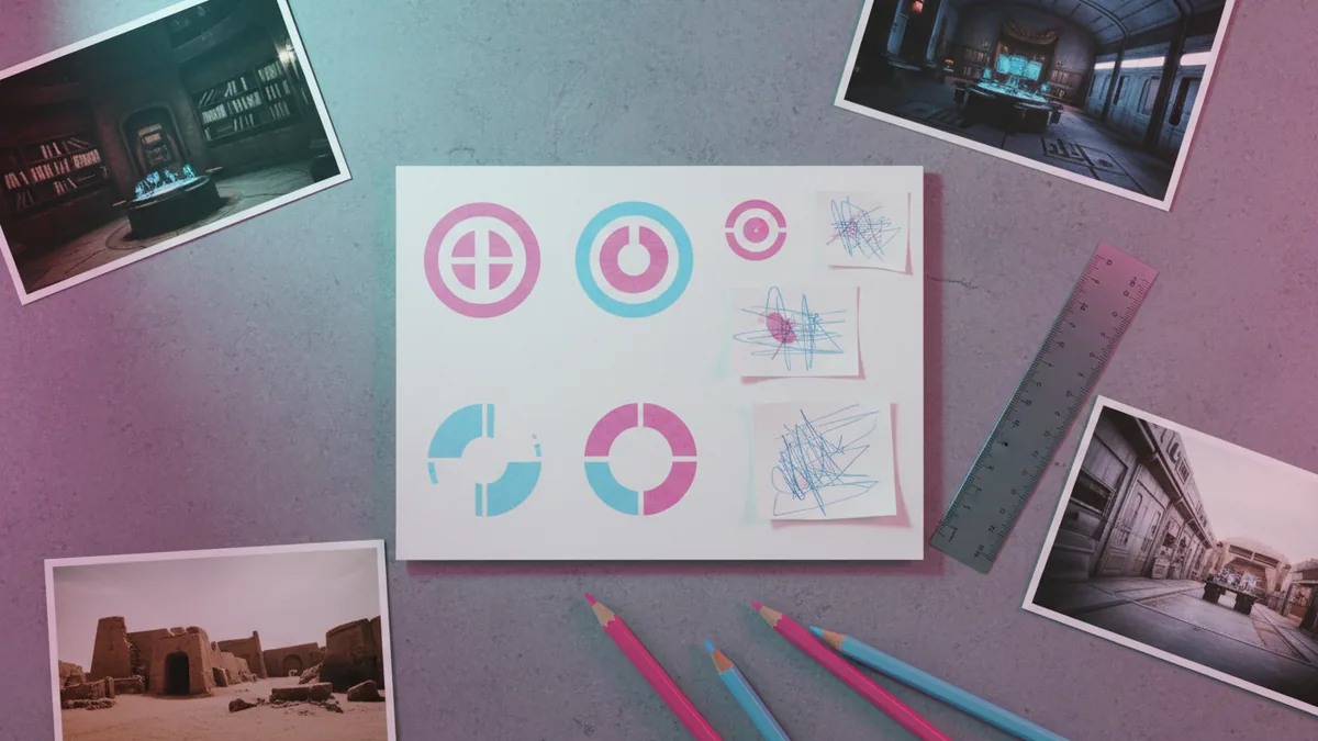 Mood board with logo inspiration notes and simple tools